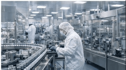 Modern pharmaceutical manufacturing facility with sterile production lines